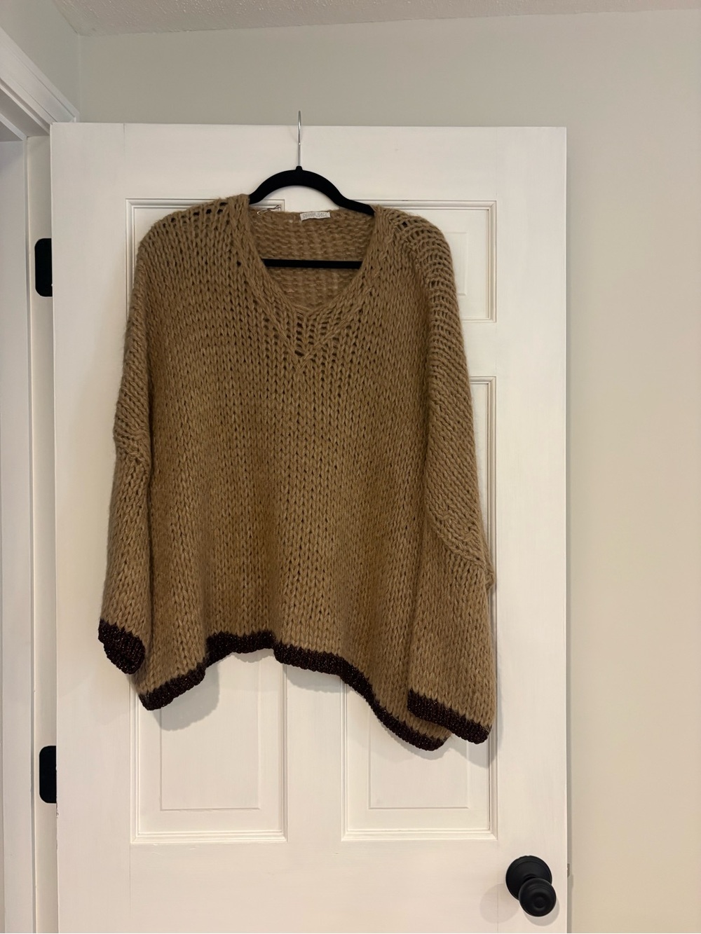 Oversized V-Neck Sweater in Camel with Dark Brown Trim